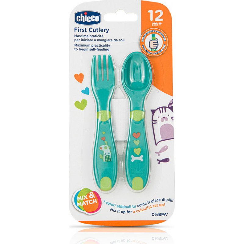 Chicco First Cutlery Σετ Πιρούνι Κουτάλι Φαγητού Green 12m+