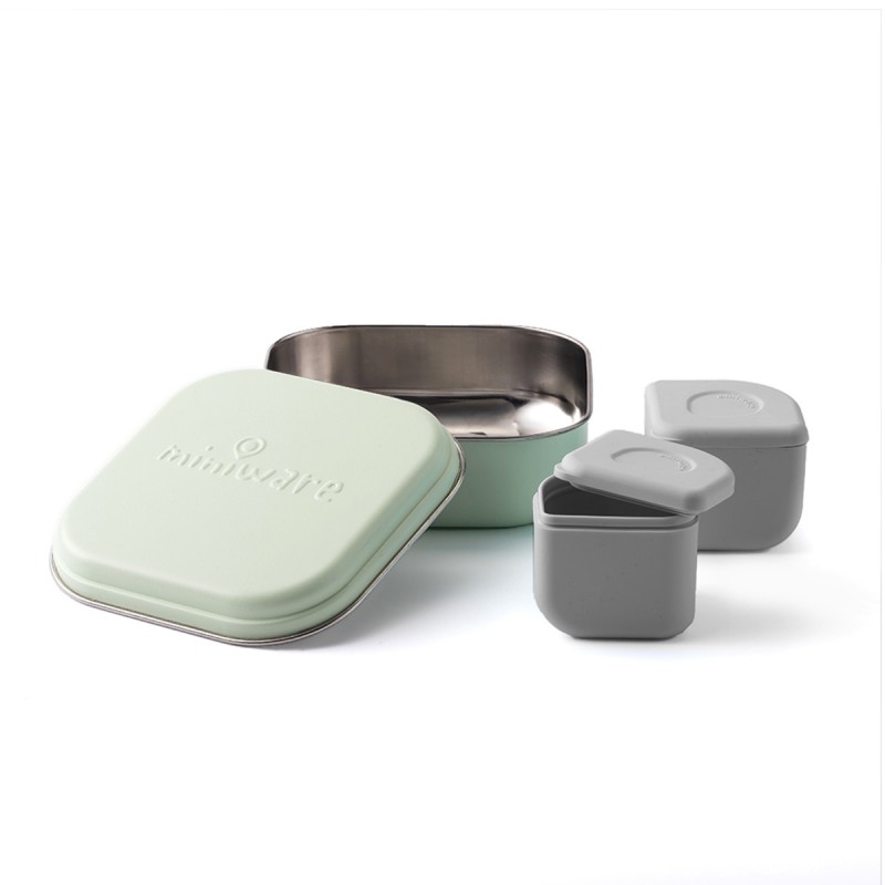 Miniware Des.13 Δοχείο φαγητού Inox Μέντα 15x15cm με 2 αποθηκευτικά δοχεία σιλικόνης
