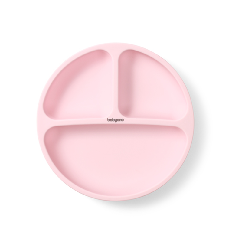 BabyOno: Πιάτο σιλικόνης με βεντούζες και χωρίσματα- Ροζ