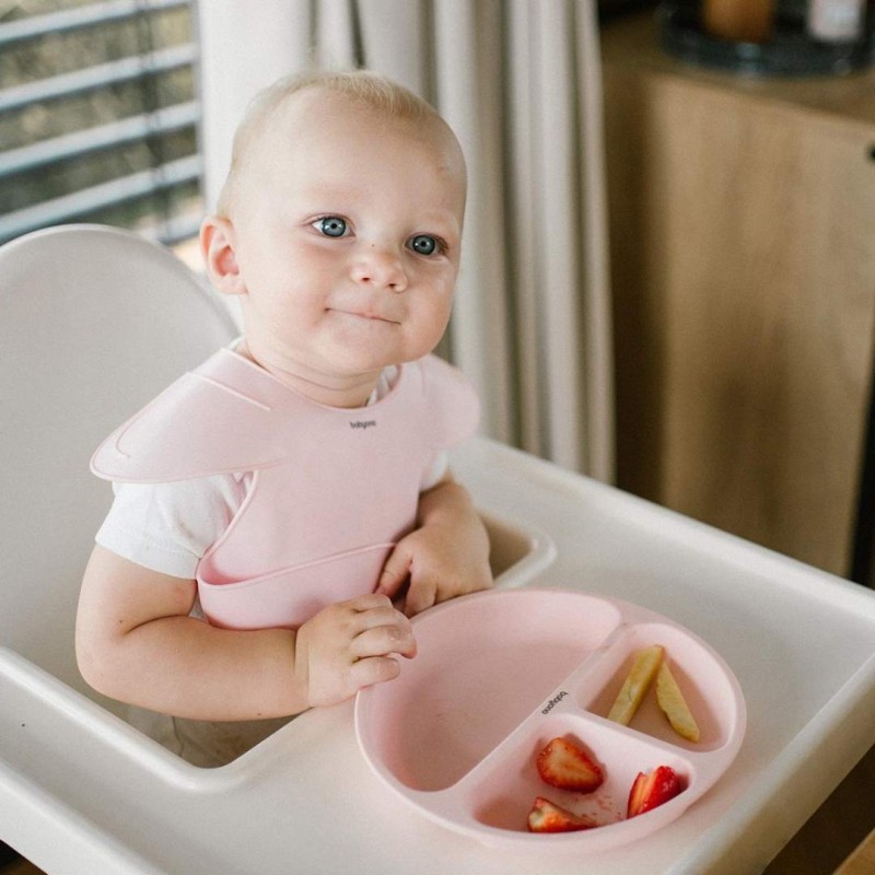 BabyOno: Σαλιάρα σιλικόνης 6m+ με θήκη περισυλλογής τροφίμων-Pink