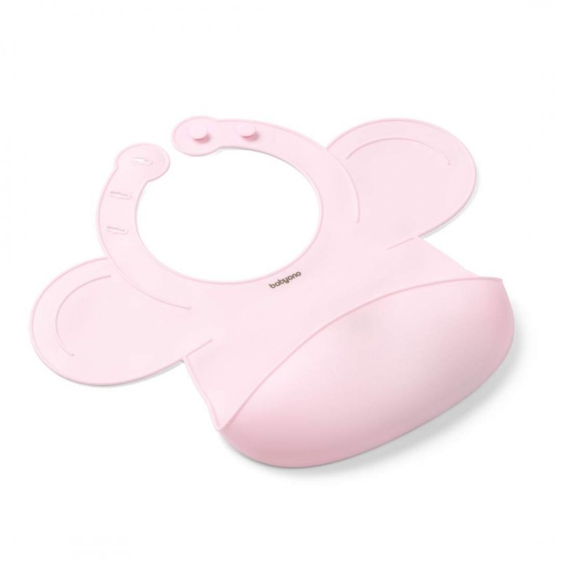 BabyOno: Σαλιάρα σιλικόνης 6m+ με θήκη περισυλλογής τροφίμων-Pink