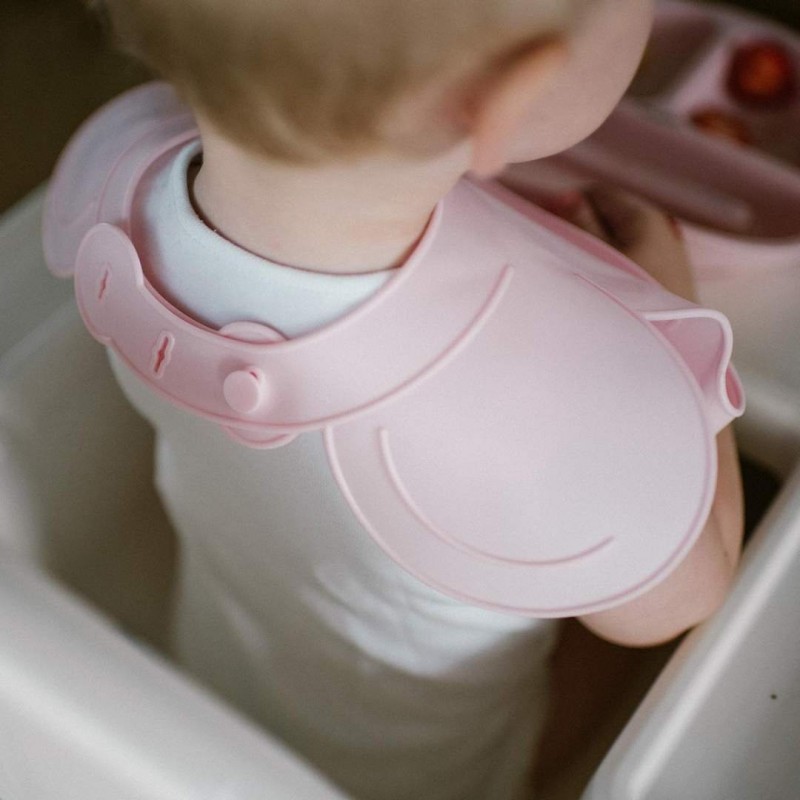 BabyOno: Σαλιάρα σιλικόνης 6m+ με θήκη περισυλλογής τροφίμων-Pink