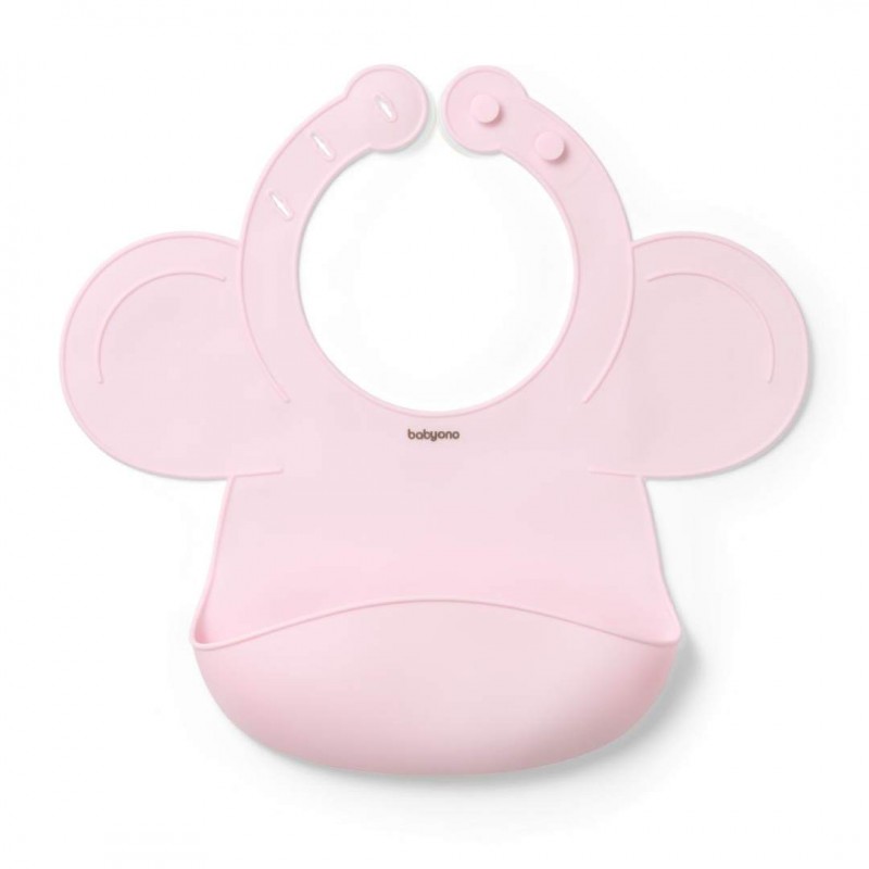 BabyOno: Σαλιάρα σιλικόνης 6m+ με θήκη περισυλλογής τροφίμων-Pink