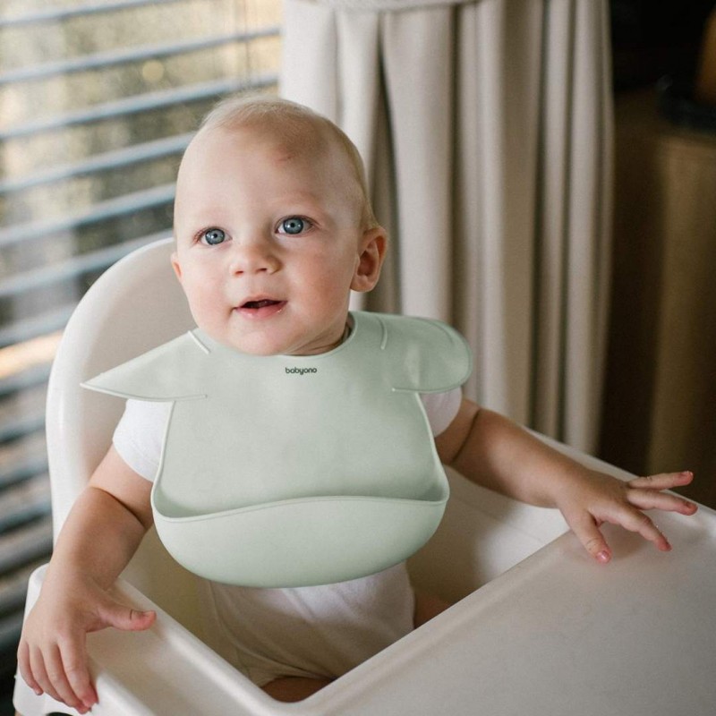 BabyOno: Σαλιάρα σιλικόνης 6m+ με θήκη περισυλλογής τροφίμων-Mint
