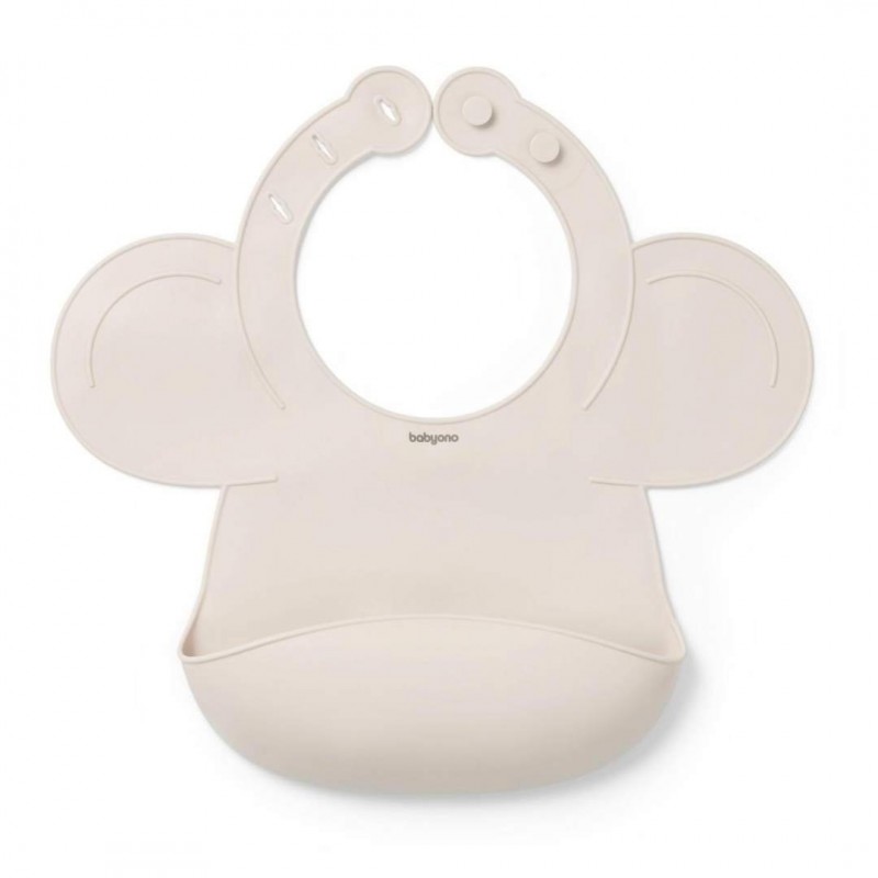 BabyOno: Σαλιάρα σιλικόνης 6m+ με θήκη περισυλλογής τροφίμων-Beige