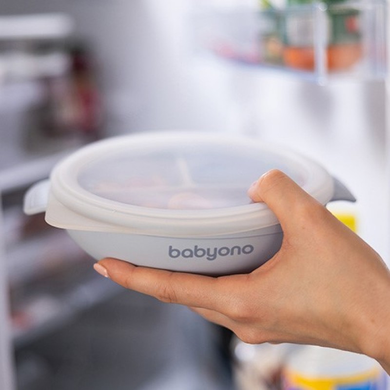 BabyOno: Πιάτο σιλικόνης με 3 θέσεις, καπάκι & βάση με βεντούζα - Μπλε