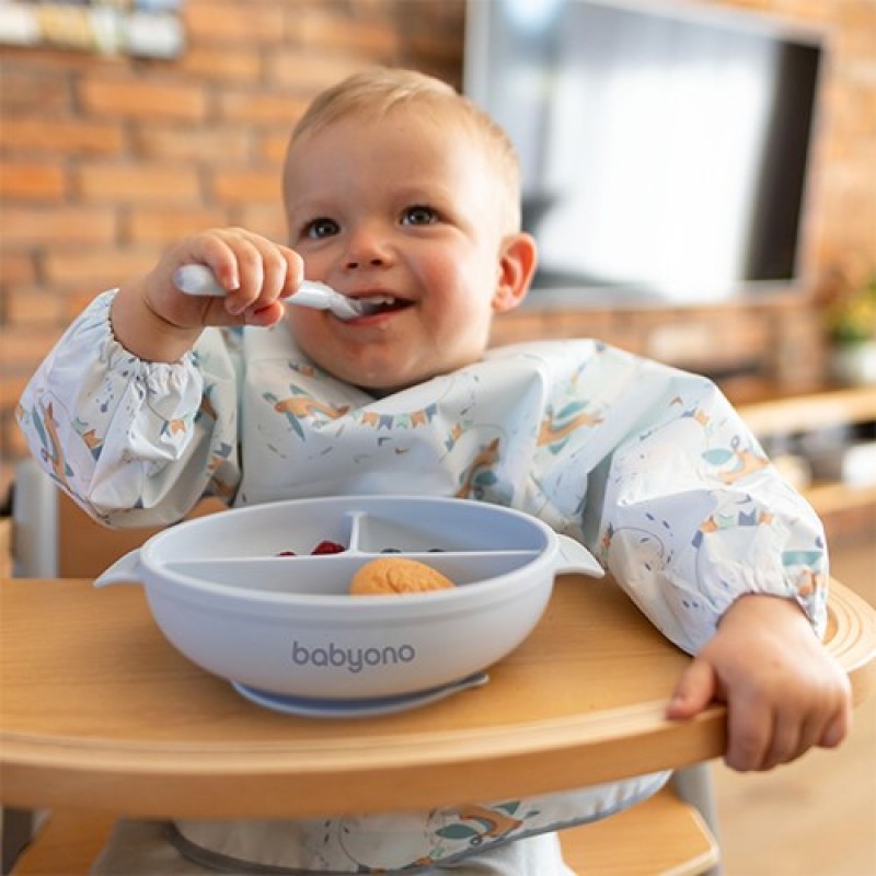 BabyOno: Πιάτο σιλικόνης με 3 θέσεις, καπάκι & βάση με βεντούζα - Μπλε