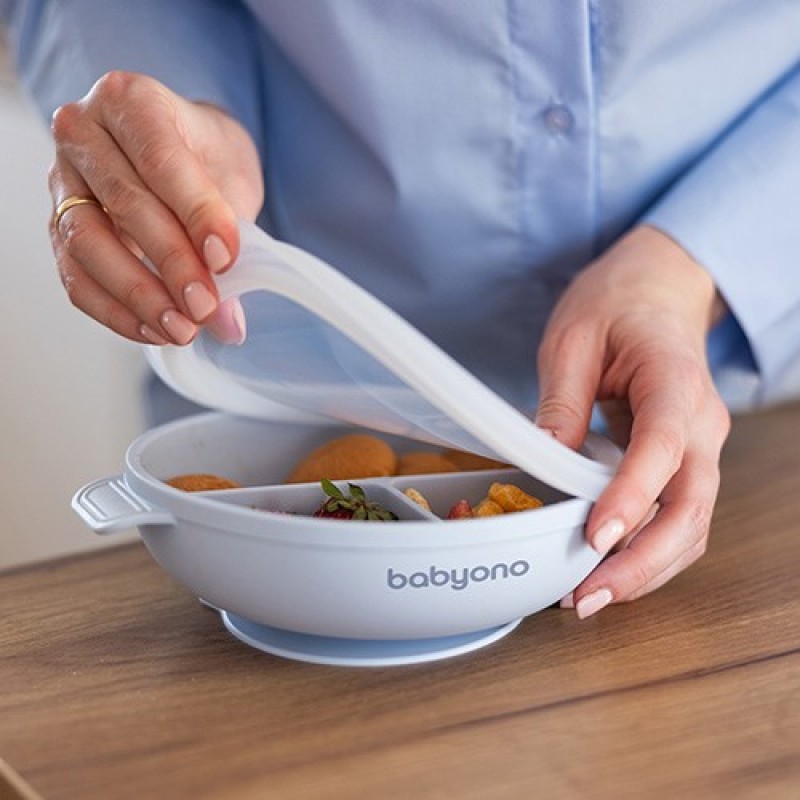 BabyOno: Πιάτο σιλικόνης με 3 θέσεις, καπάκι & βάση με βεντούζα - Μπλε