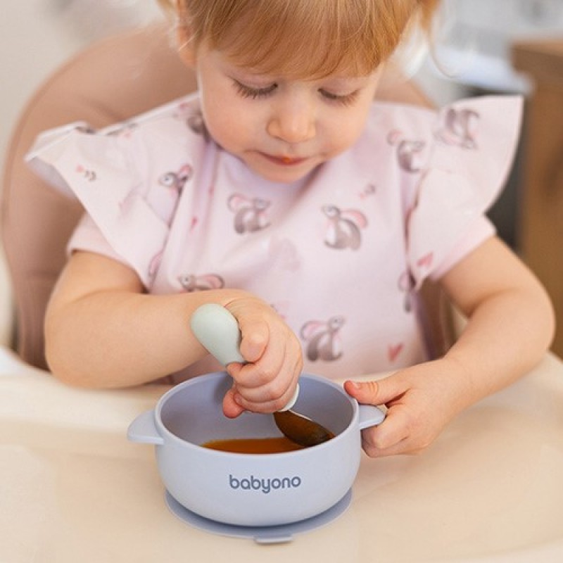 BabyOno: Μπολ σιλικόνης με λαβές, καπάκι & βάση με βεντούζα - Μπλε