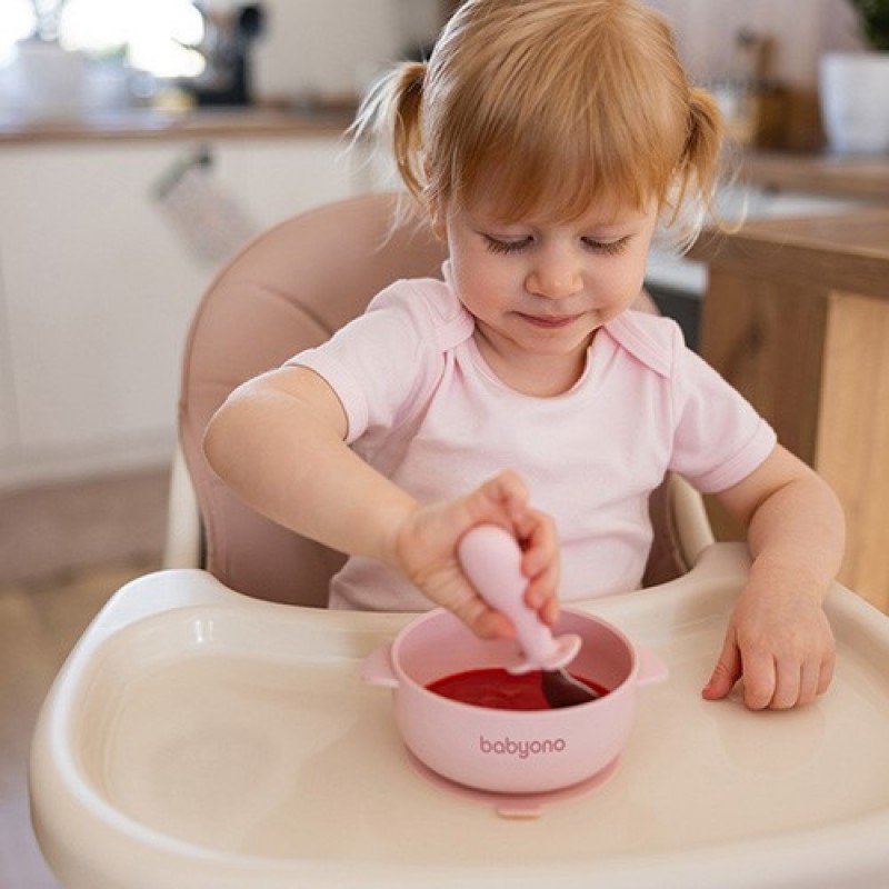 BabyOno: Μπολ σιλικόνης με λαβές, καπάκι & βάση με βεντούζα - Ροζ