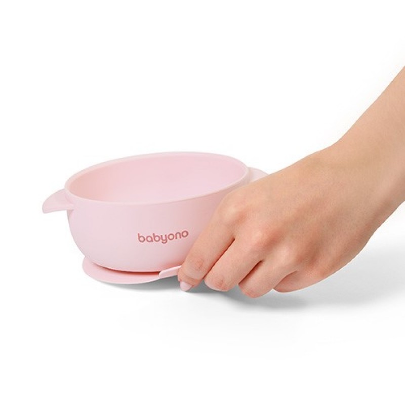 BabyOno: Μπολ σιλικόνης με λαβές, καπάκι & βάση με βεντούζα - Ροζ