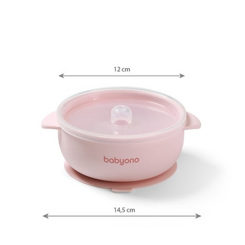 BabyOno: Μπολ σιλικόνης με λαβές, καπάκι & βάση με βεντούζα - Ροζ