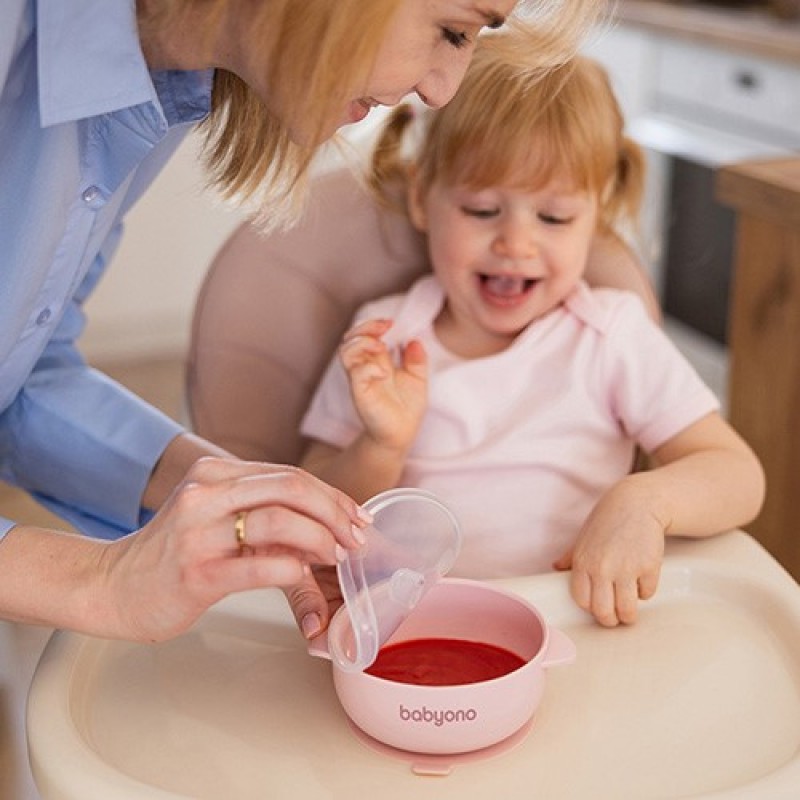 BabyOno: Μπολ σιλικόνης με λαβές, καπάκι & βάση με βεντούζα - Ροζ