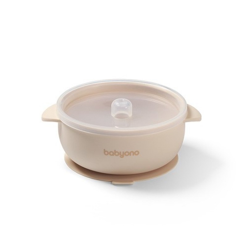 BabyOno: Μπολ σιλικόνης με λαβές, καπάκι & βάση με βεντούζα - Μπεζ