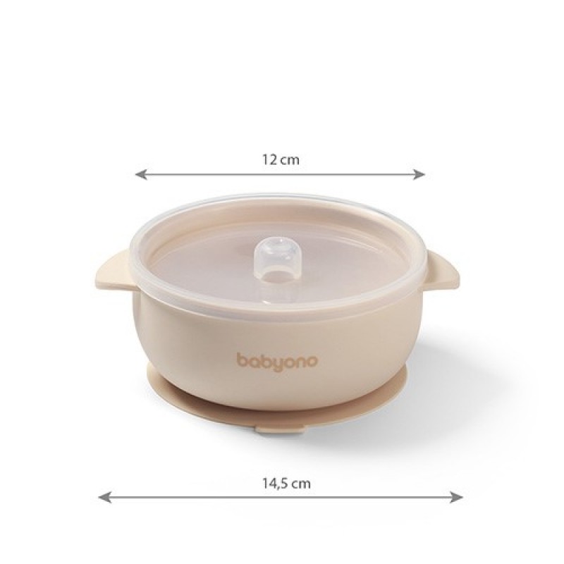 BabyOno: Μπολ σιλικόνης με λαβές, καπάκι & βάση με βεντούζα - Μπεζ