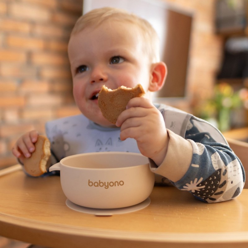 BabyOno: Μπολ σιλικόνης με λαβές, καπάκι & βάση με βεντούζα - Μπεζ