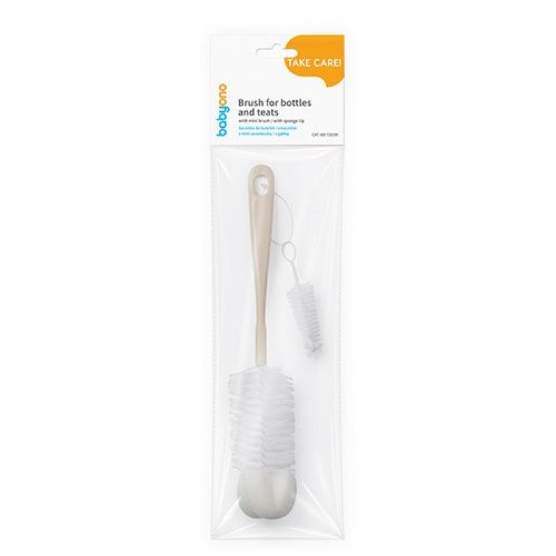 BabyOno: Σετ βούρτσα για μπουκάλια και θηλές με μίνι βουρτσάκι και σφουγγάρι- Μπεζ