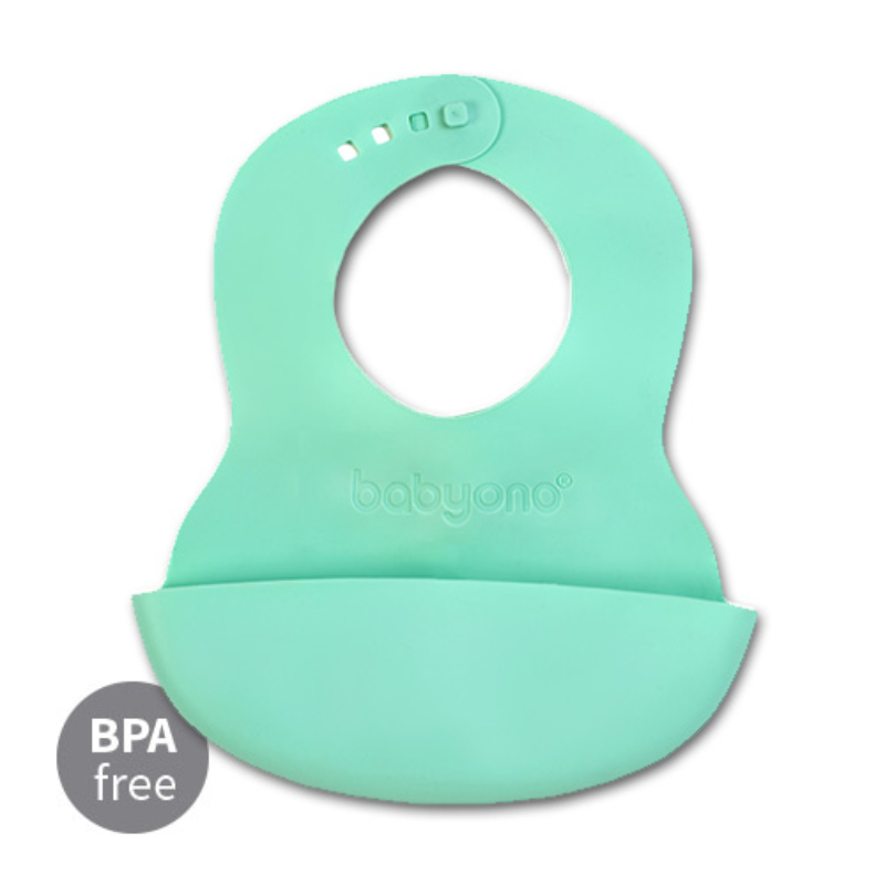 BabyOno: Σαλιάρα σιλικόνης 6m+ με θήκη περισυλλογής τροφίμων-Green