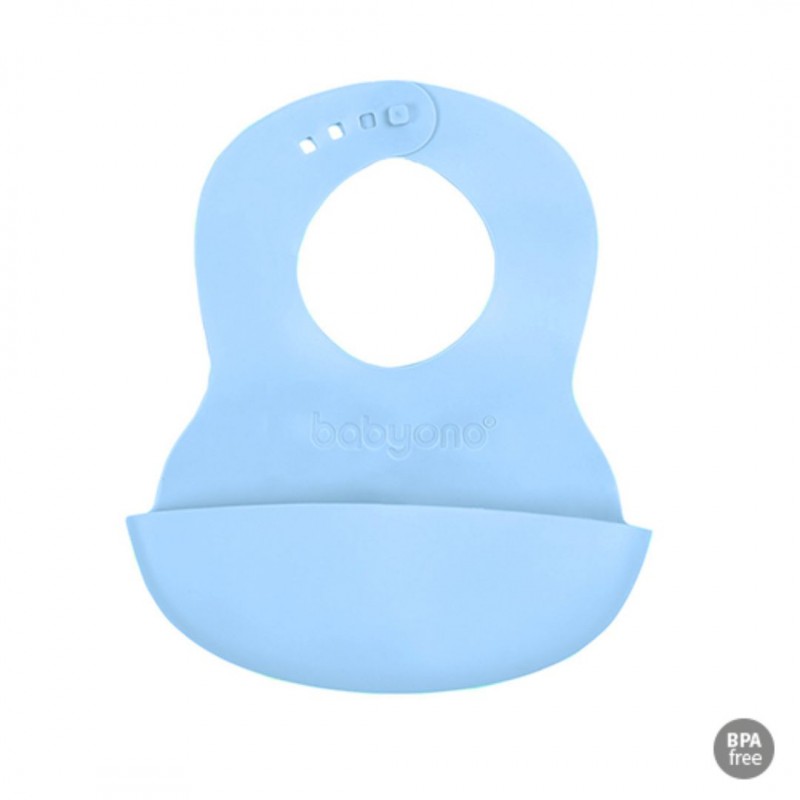 BabyOno: Σαλιάρα σιλικόνης 6m+ με θήκη περισυλλογής τροφής Μπλε