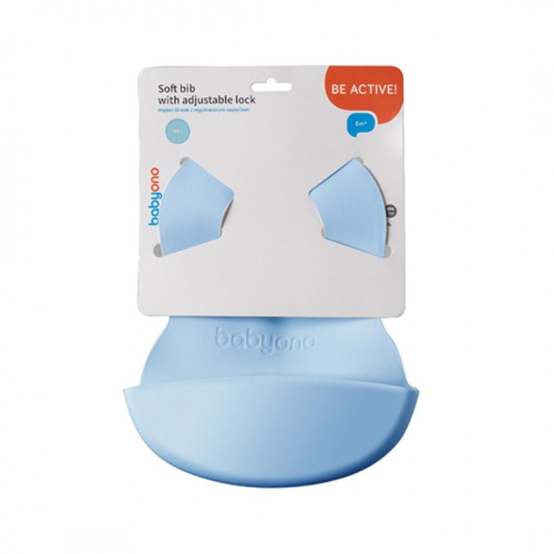 BabyOno: Σαλιάρα σιλικόνης 6m+ με θήκη περισυλλογής τροφής Μπλε