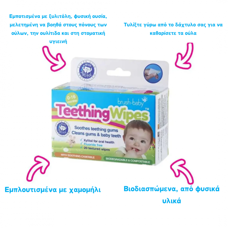 Brush-Baby:  Καταπραϋντικά βρεφικά μαντηλάκια για τα ούλα με χαμομήλι 0-16 μηνών