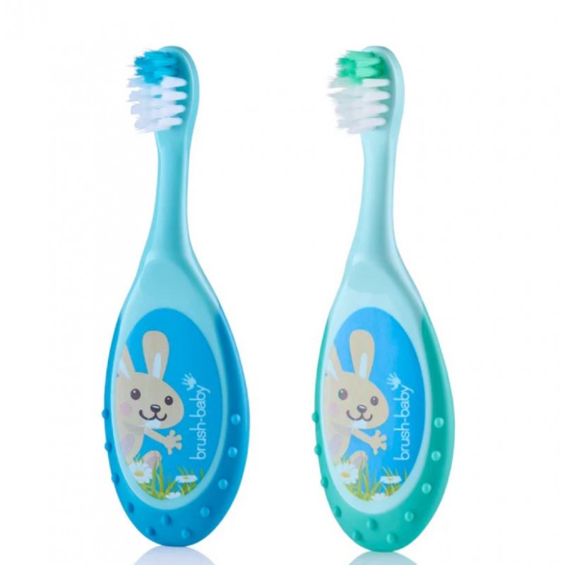 Brush-Baby:  FlossBrush Οδοντόβουρτσα και μασητικό 2 σε 1 για 0-3 ετών (Διπλή συσκευασία) -Γαλάζιο/Μπλε