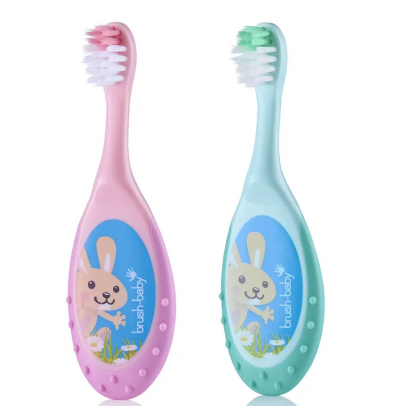 Brush-Baby:  FlossBrush Οδοντόβουρτσα και μασητικό 2 σε 1 για 0-3 ετών (Διπλή συσκευασία) -Ροζ/Τιρκουάζ