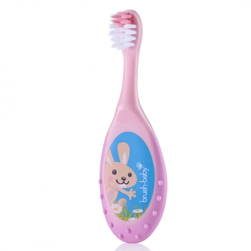 Brush-Baby:  FlossBrush Οδοντόβουρτσα και μασητικό 2 σε 1 για 0-3 ετών (Διπλή συσκευασία) -Ροζ/Τιρκουάζ