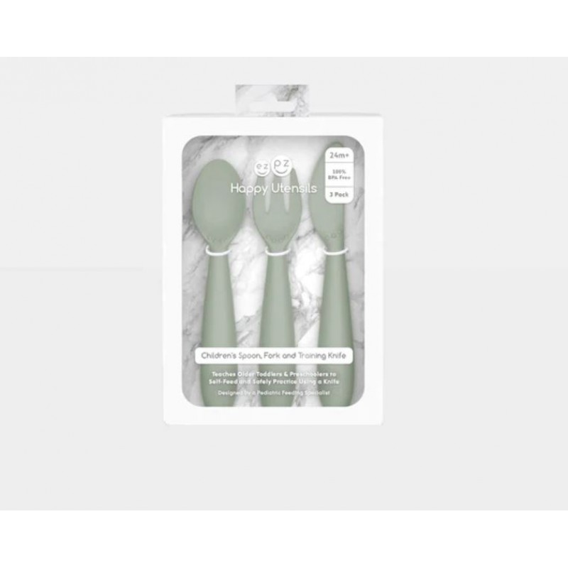Ezpz: Εκπαιδευτικό κουτάλι, πιρούνι και μαχαίρι σιλικόνης 24+ μηνών Happy Utensils - Sage