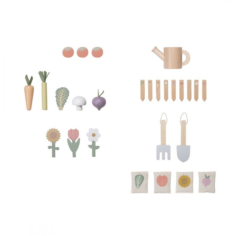 Jabadabado: Ξύλινο καρότσι κηπουρικής με εργαλεία και λαχανικά