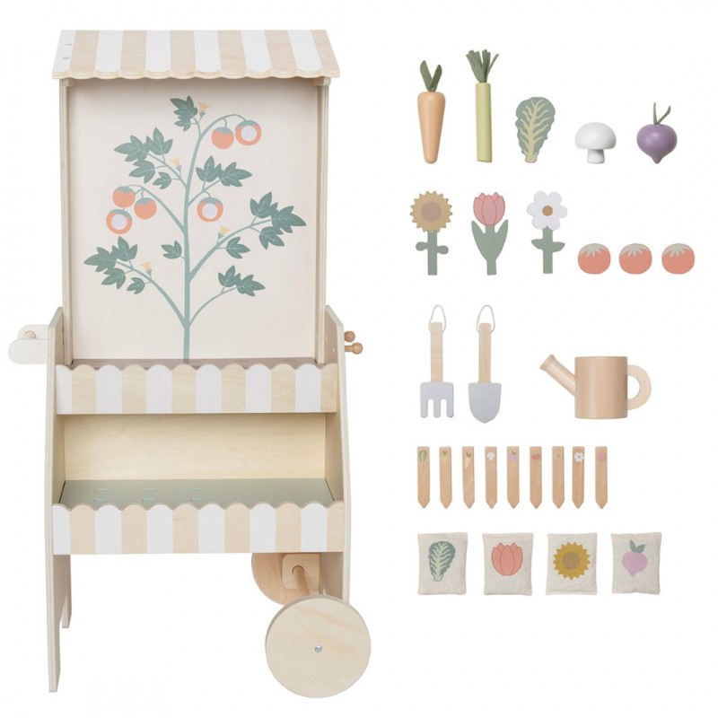 Jabadabado: Ξύλινο καρότσι κηπουρικής με εργαλεία και λαχανικά