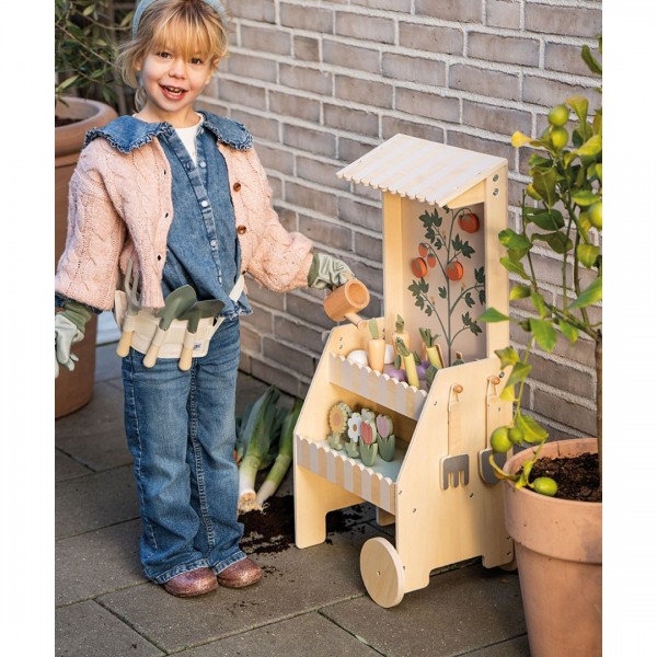 Jabadabado: Ξύλινο καρότσι κηπουρικής με εργαλεία και λαχανικά