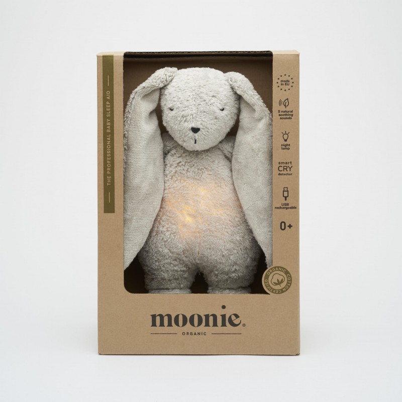 MOONIE 2.0: Επαναφορτιζόμενο βοήθημα ύπνου με ηχογράφηση & αισθητήρα κλάματος – Οργανικό βαμβάκι Gray Bunny