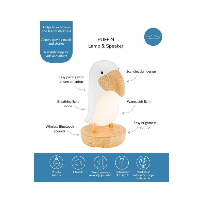 Επιτραπέζιο Φωτιστικό με ηχείο Puffin Lamp 20cm - Rabbit & Friends
