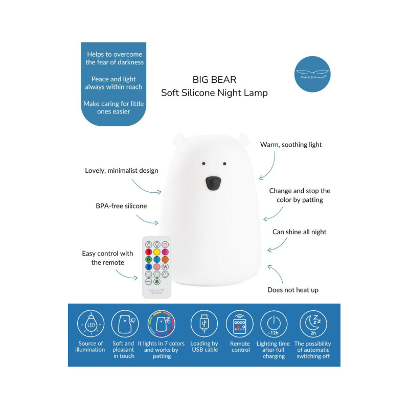 Φωτιστικό Σιλικόνης Bear 16cm με Τηλεχειριστήριο White - Rabbit & Friends