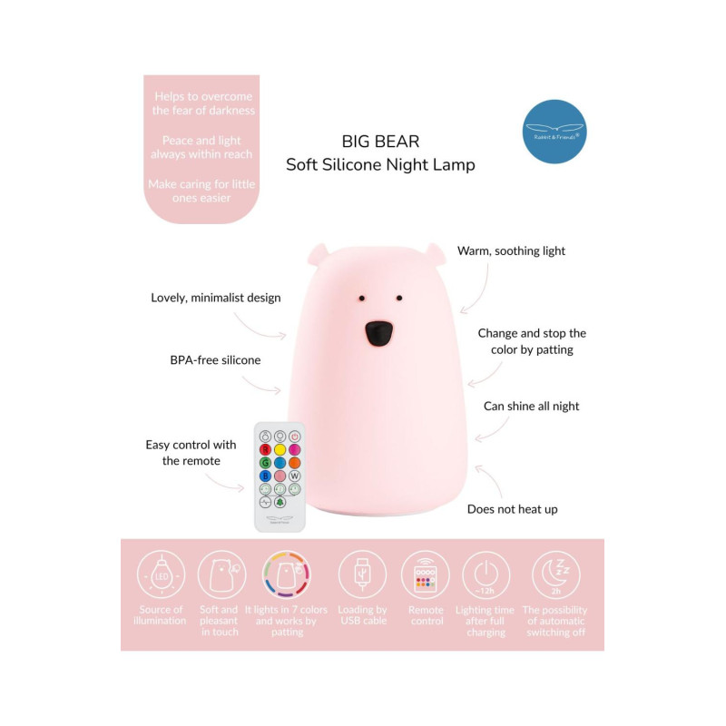 Φωτιστικό Σιλικόνης Bear Lamp Pink 16cm με Τηλεχειριστήριο Rabbit & Friends