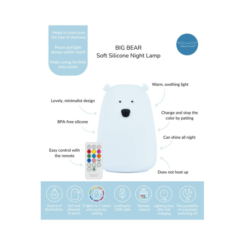 Φωτιστικό Σιλικόνης Bear Lamp Cold Blue 16 cm με Τηλεχειριστήριο Rabbit & Friends