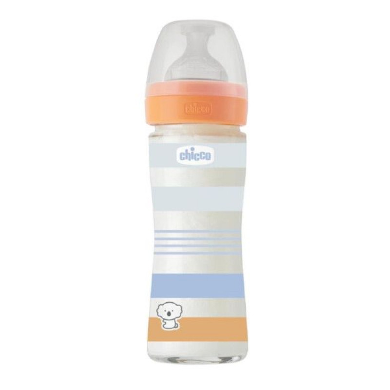 Chicco Well Being Γυάλινο Μπιμπερό Με Σιλικονούχα Θηλή 0+ Μηνών 240ml Boy Πορτοκαλί-Σιέλ