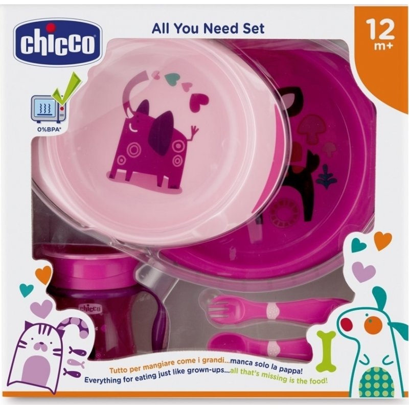 Chicco βρεφικό σετ φαγητού 12m+ πιάτο , μπωλ, ποτήρι, κουτάλι, πηρούνι ροζ