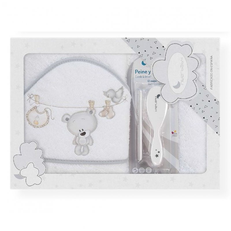 Interbaby βρεφικό σετ περιποίησης μπουρνούζι, βούρτσα και χτένα Tendero Oso white grey 