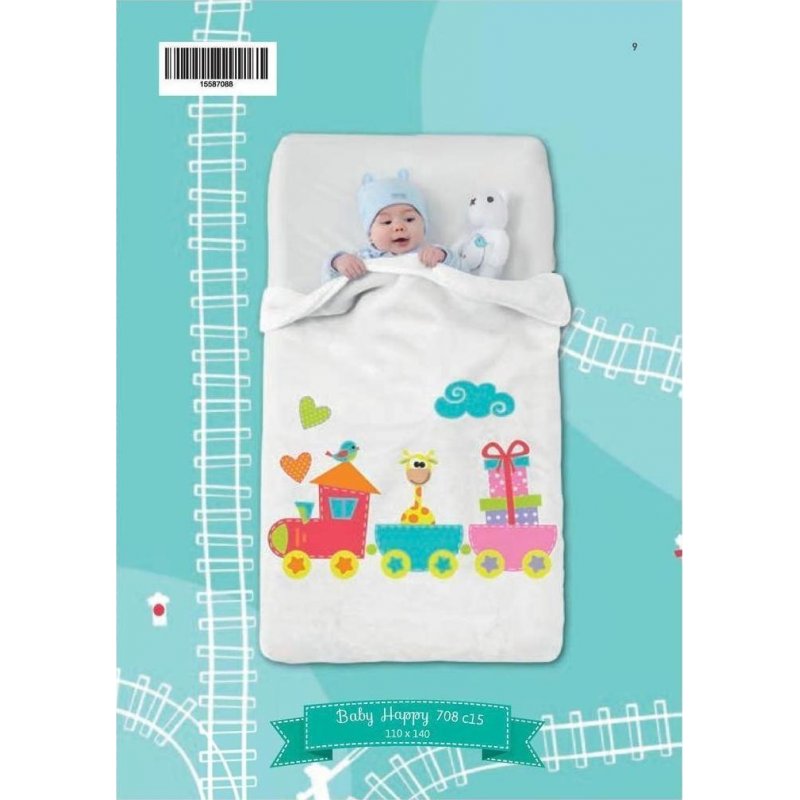 Baby Happy παιδική κουβέρτα velour άσπρη σχέδιο τρενάκι 110x140